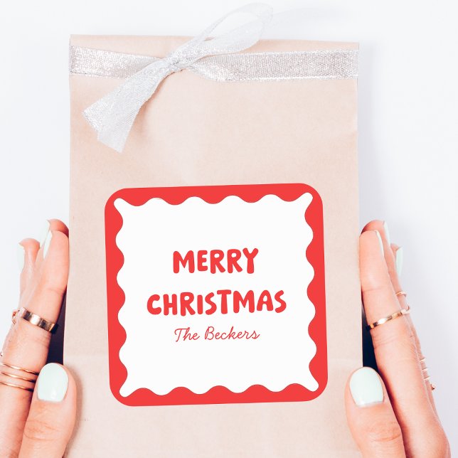 Fun Retro Wavy Red und White Custom Chic Weihnacht Quadratischer Aufkleber (Von Creator hochgeladen)