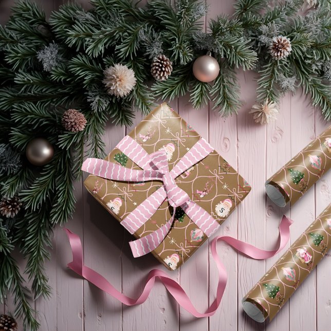 Fun Retro Weihnachten Weihnachten Rosa Band Wasser Geschenkpapier (Fun Retro Vintage Christmas Pink Ribbon Watercolor Wrapping Paper)