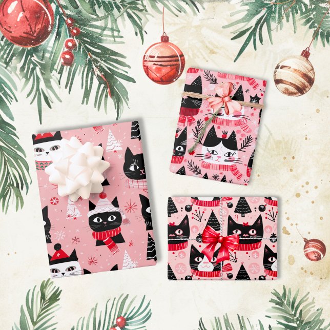 Fun Retro Weihnachtskatzen auf Rosa Geschenkpapier Set (Fun Retro Christmas Cats on Pink wrapping paper sheets)