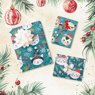 Fun Retro Weihnachtskatzen Geschenkpapier Set