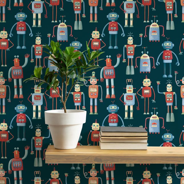 Fun Robot Muster Aquamarin Green Tapete (Fun robot pattern teal green wallpaper for nursery and kids room decor)