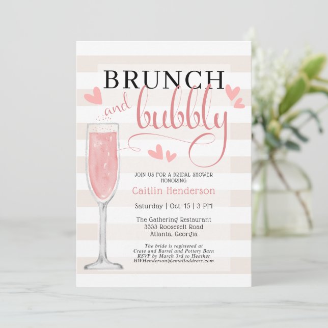 Fun Rosa Brunch und Bubbly Brautparty Invitati Einladung (Stehend Vorderseite)