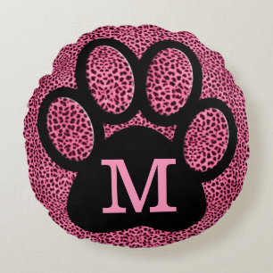 Fun rosa Paw Print mit Monogram in Cheetah Rundes Kissen