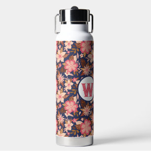 Fun rosa Retro Blumenmuster Monogramm Trinkflasche