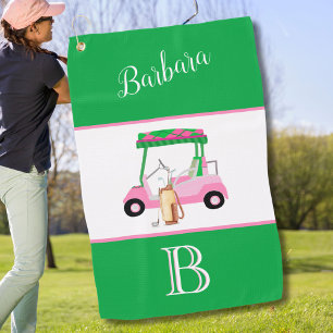Fun Rosa und Green Golf Cart Monogram Name Golfhandtuch