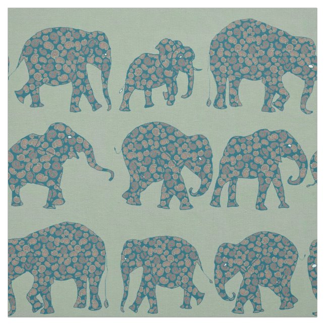 Fun Rows of Paisley Elephants on Green Pattern Stoff (Muster)