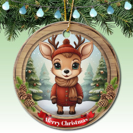 Fun Rustic Pine Wood Fawn Gift Tag Unique Doe 🦌🎄 Keramik Ornament