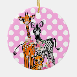 Fun Safari Freunde giraffe zebra tiger pink polka Keramik Ornament