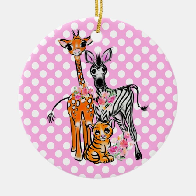 Fun Safari Freunde giraffe zebra tiger pink polka Keramik Ornament (Vorne)