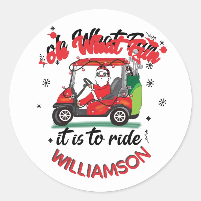 Fun Santa Golf Cart Familienname Runder Aufkleber (Vorderseite)