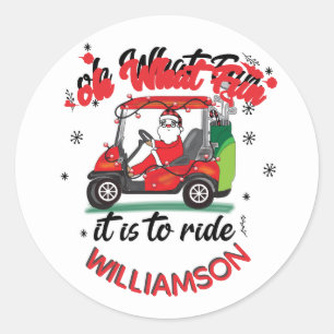 Fun Santa Golf Cart Familienname Runder Aufkleber