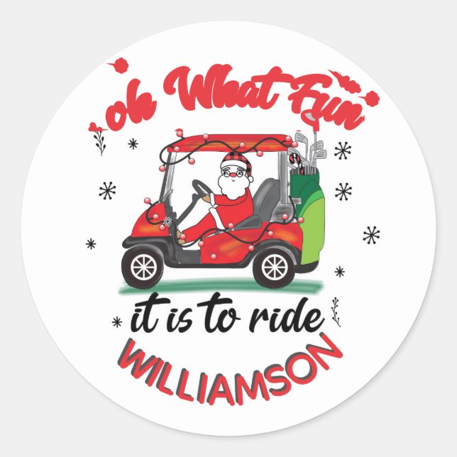 Fun Santa Golf Cart Family Name Runder Aufkleber (Vorderseite)