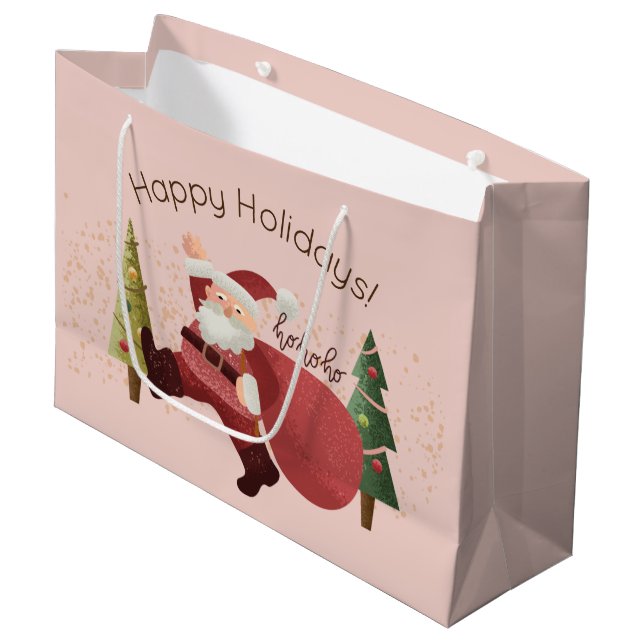 Fun Santa Illustration Moderne rosa Weihnachtskuns Große Geschenktüte (Vorderseite Schrägansicht)