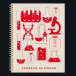 Fun Science Chemistry Laboratory Custom Red Notizbuch<br><div class="desc">Dieses unterhaltsame,  maßgeschneiderte Notizbuch zeichnet sich durch ein niedliches wissenschaftlich-chemisches Design in Rot und Weiß aus. Personalisieren Sie es mit Ihrem Namen. Tolle Geschenkidee!</div>