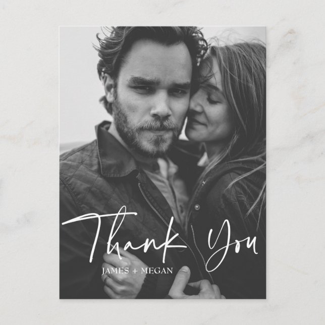 Fun Script Calligraphy Foto Wedding Vielen Dank Postkarte (Vorderseite)