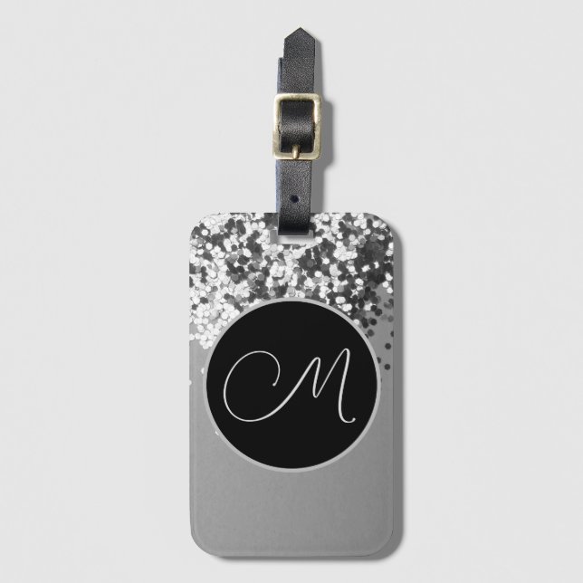 Fun SIlver Black Confetti Monogram Gepäckanhänger (Vorderseite Vertikal)