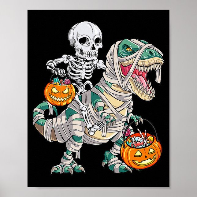Fun Skeleton Riding Mummy Dinosaur T rex Halloween Poster (Vorne)
