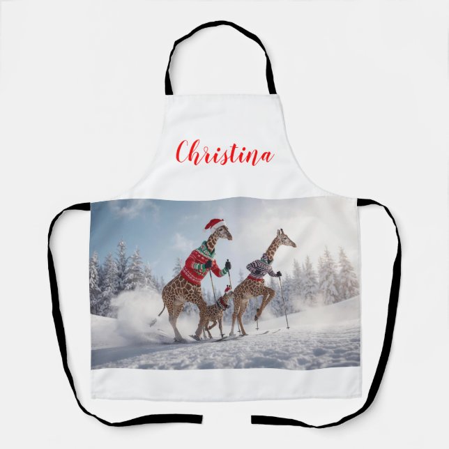 Fun Skiing Giraffe Familienweihnachtsfest Personal Schürze (Vorderseite)
