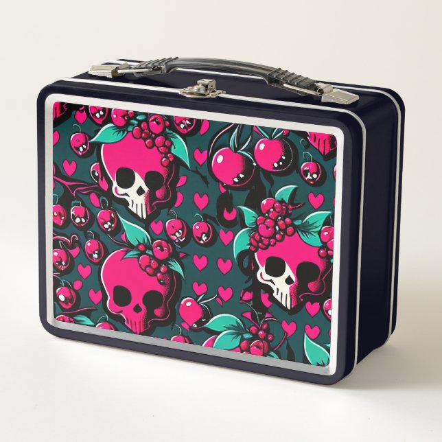 Fun Skull & Cherries Pink Black Green Art Metall Brotdose (Vorderseite)