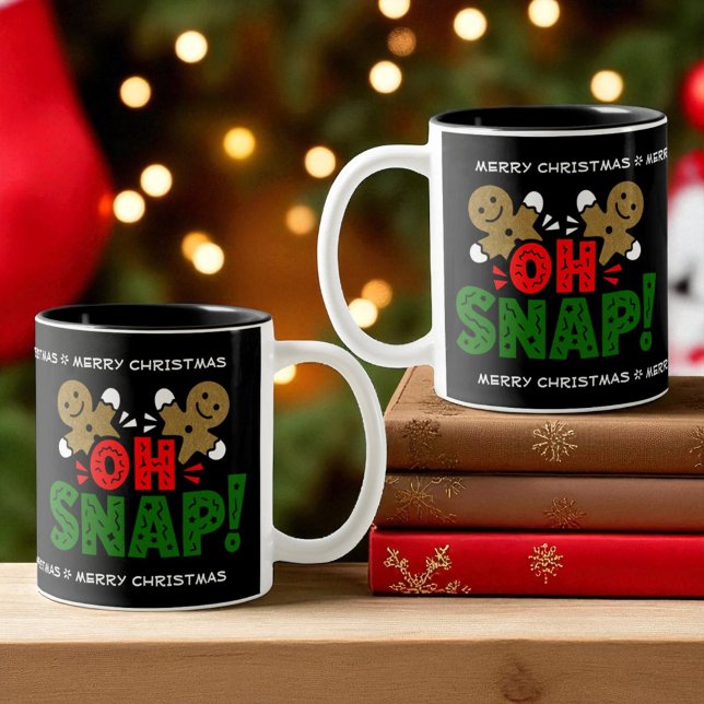 Fun Snapped Gingerbread Man Weihnachts-Tasse Zweifarbige Tasse (Two tone ceramic Christmas mug with design on both sides of the handle and template text.)