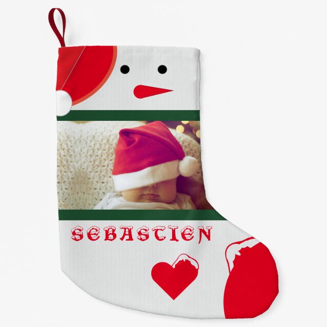 Fun Snowman Ihr Foto Name Niedlich Baby Kleinkind  Kleiner Weihnachtsstrumpf (Vorderseite)