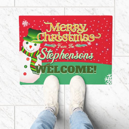 Fun Snowman mit Familienname auf RED Willkommen Fußmatte