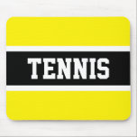 Fun Sporty Bold TENNIS Text Gelbe schwarze Streife Mousepad<br><div class="desc">Dieses unterhaltsame Sportdesign zeichnet sich durch klassisch starke, fette Großbuchstaben in einem markierten, breiten schwarzen Streifen mit weißen pinstripes auf hellgelbem Hintergrund aus, wobei "TENNIS" sich vor und in der Mitte ausdrückt. Machen Sie es sich selber: Die Farben und Texte in diesem Design können personalisiert sein.</div>