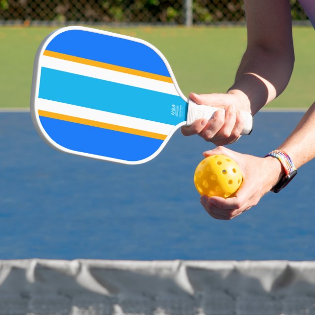 Fun Sporty Bright Blue White Yellow Racing Streife Pickleball Schläger (InSitu)