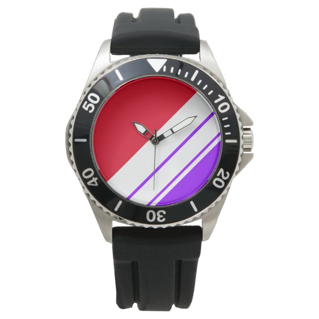 Fun Sporty Bright Lila Red White Racing Streifen Armbanduhr (Vorderseite)