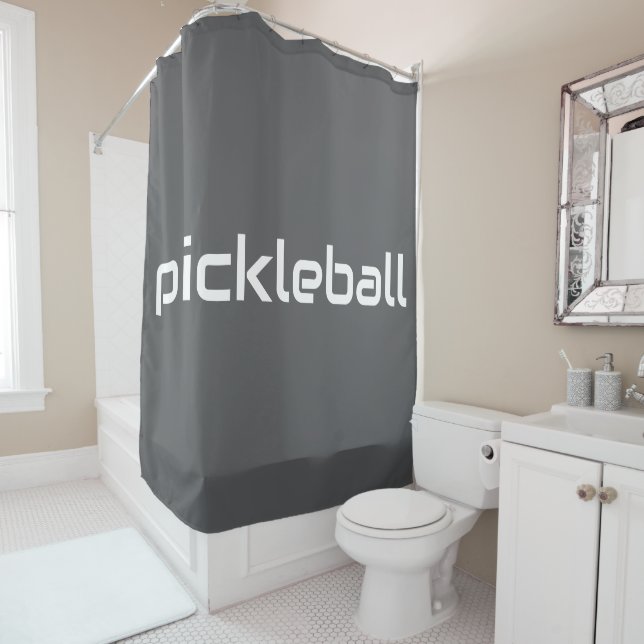 Fun Sporty Modern White PICKLEBALL Text auf Grau Duschvorhang (Beispiel)