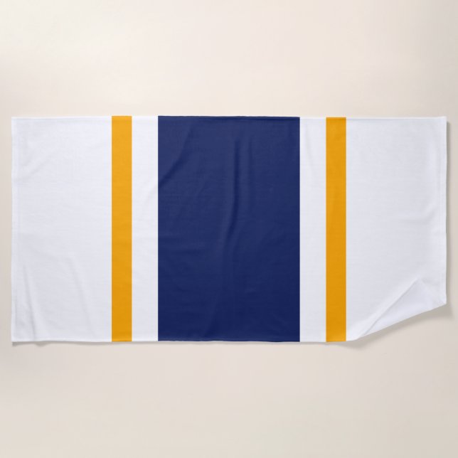Fun Sporty Navy Blau Gelbe Streifen Strandtuch (Vorderseite)