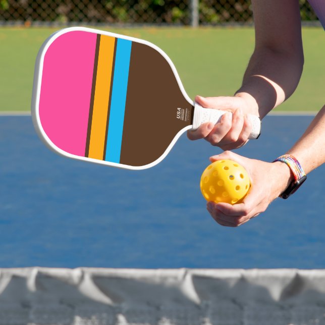 Fun Sporty Pink Yellow Blue Brown Racing Streifen Pickleball Schläger (InSitu)