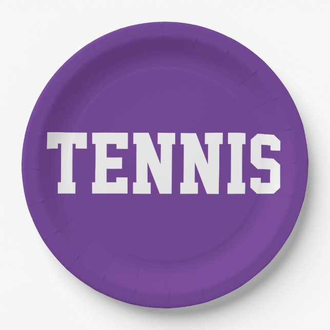 Fun Sporty Royal Purple Athletic White TENNIS Text Pappteller (Vorderseite)