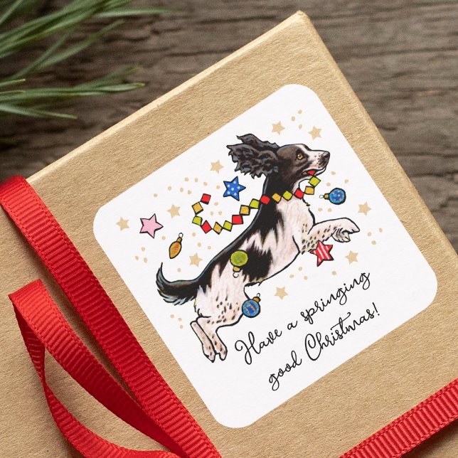 Fun Springer Spaniel Dog Leaping Puppy Christmas Quadratischer Aufkleber (Von Creator hochgeladen)