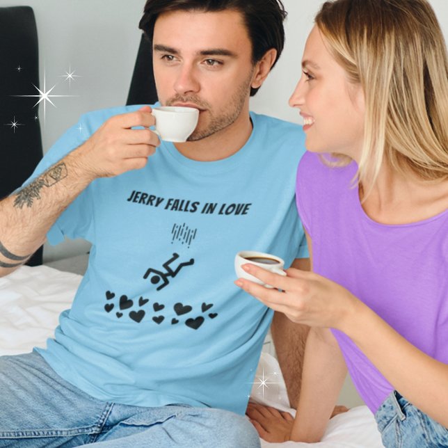 Fun Strichmännchen Menschen fallen in Liebe T-Shirt (Shown in mens, blue tee. Available in mens, womens, multiple styles, colors and sizes.)