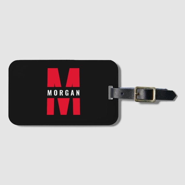 Fun Stylish Monogram Name Initial Schwarz-weiß Red Gepäckanhänger (Vorderseite (Horizontal))