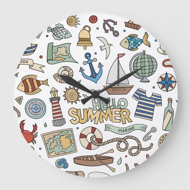 Fun Summer Beach Illustrationen Große Wanduhr (Vorderseite)