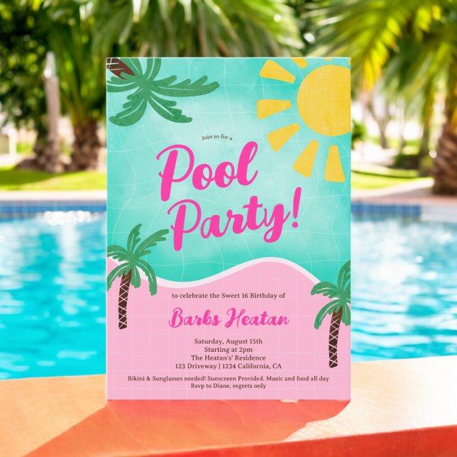 Fun Summer Bright Tropical Pool Party Sweet 16 Einladung (Fun Summer Bright Tropical pool party Sweet 16 Invitation)