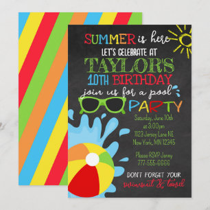 Fun Summer Chalkboard Pool Party Geburtstag Einladung