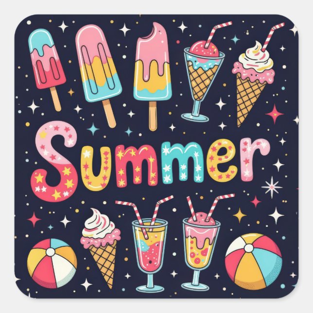 Fun Summer Graphics On Black Quadratischer Aufkleber (Vorderseite)