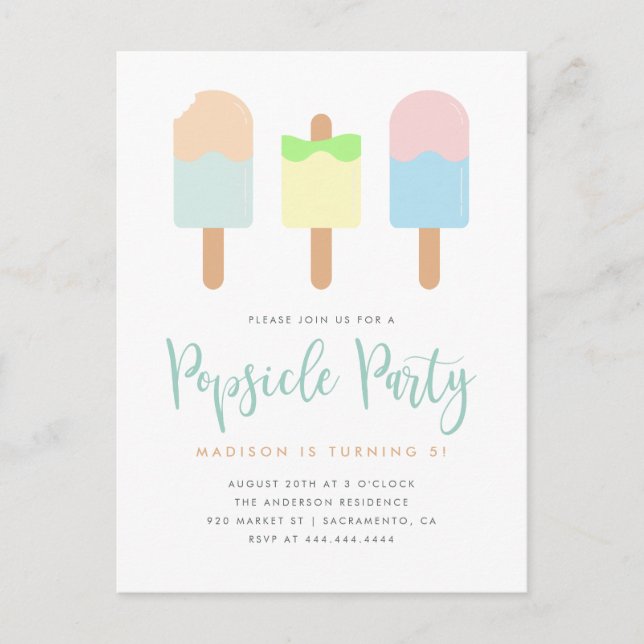 Fun Summer Pastel Popsicle Party Kindergeburt Einladungspostkarte (Vorderseite)