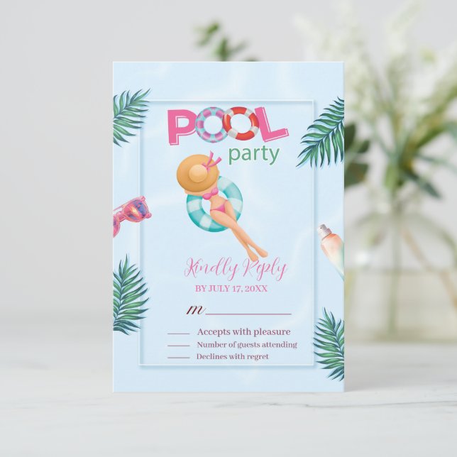 Fun Summer Pool Party Wasserfarbe Süß 16 RSVP Karte (Stehend Vorderseite)