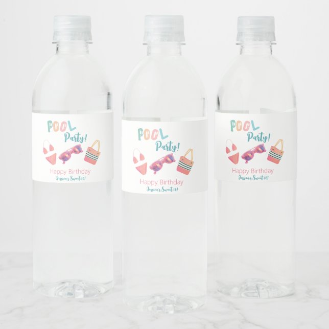 Fun Summer Pool Party Wasserfarbe Süß 16 Wasserflaschenetikett (Flaschen)