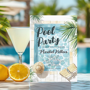 Fun Summer Tropical Watercolor Pool Party Sweet 16 Einladung