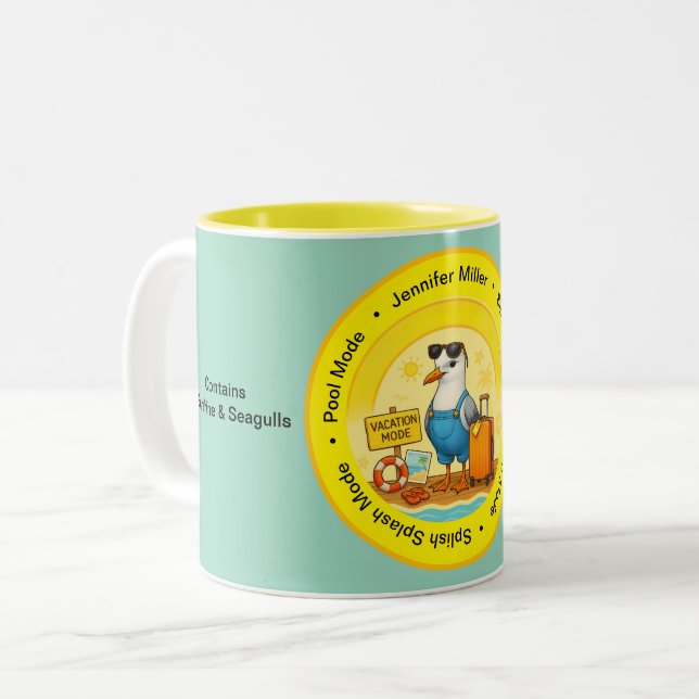 fun sunny destination seagull beach traveller name zweifarbige tasse (Vorderseite Links)