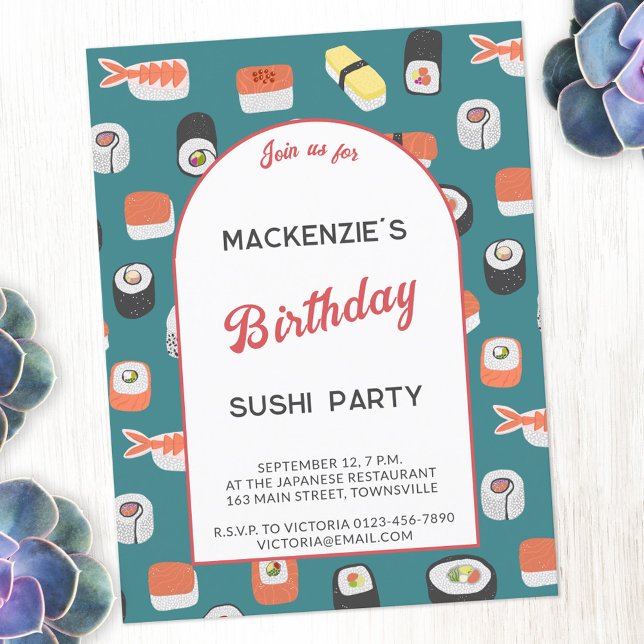 Fun Sushi Geburtstagsparty Einladung Postkarte (Fun Japanese sushi food art themed birthday party invitation  postcard with personalized custom text)