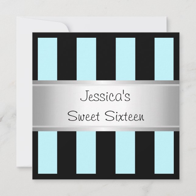 Fun Sweet 16 Light Blue Black Stripes Silber Party Einladung (Vorderseite)