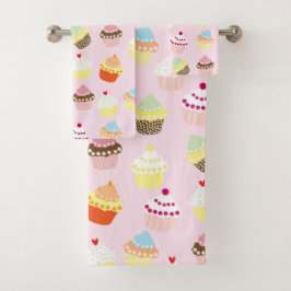 Fun Sweet Cupcake Dessert Muster auf Rosa Badhandtuch Set