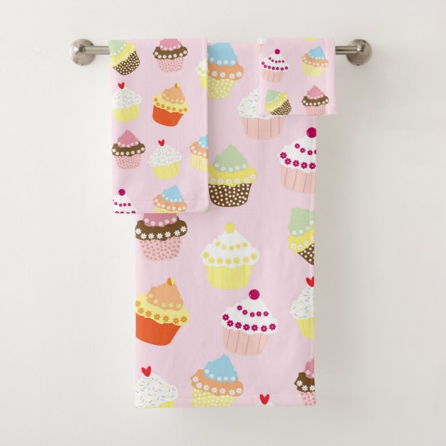 Fun Sweet Cupcake Dessert Muster auf Rosa Badhandtuch Set (Insitu)