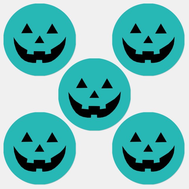Fun teal Jack o lantern pumpkin face Halloween Etiketten (Gruppe)